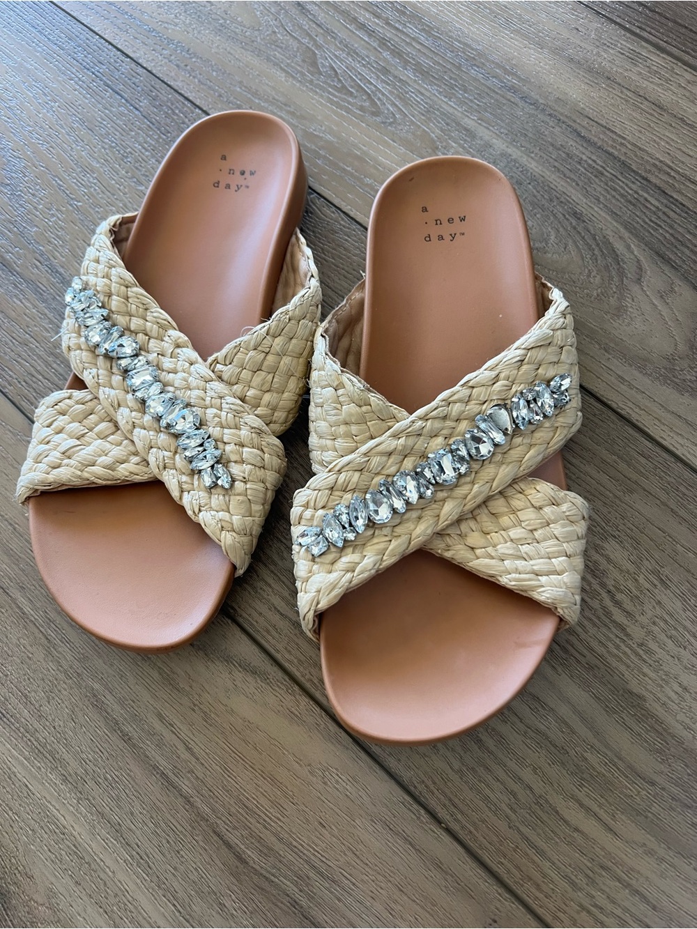 a new day Braided Crystal-Embellished Slide Sandals in Natural Tan